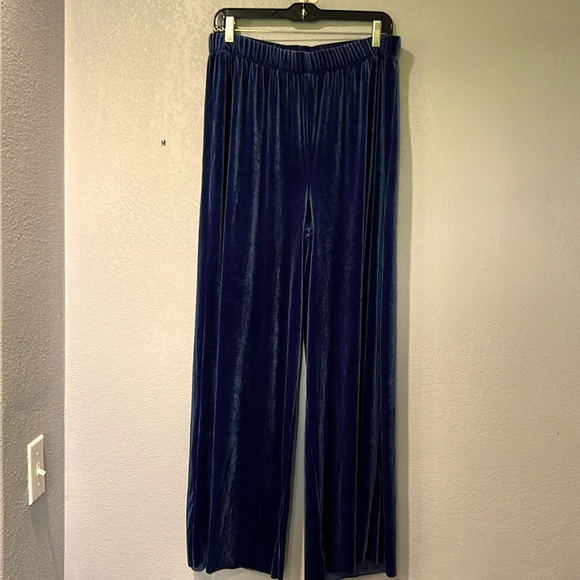 Zenana blue velvet wide leg pant size 1X, elastic waist, not hemmed, Preowned - Picture 1 of 8